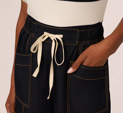 Contrast Stitched Wide Leg Drawstring Pant In Navy Khaki