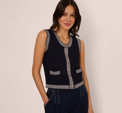 Striped Trim Cardigan Sweater Vest In Navy Ivory