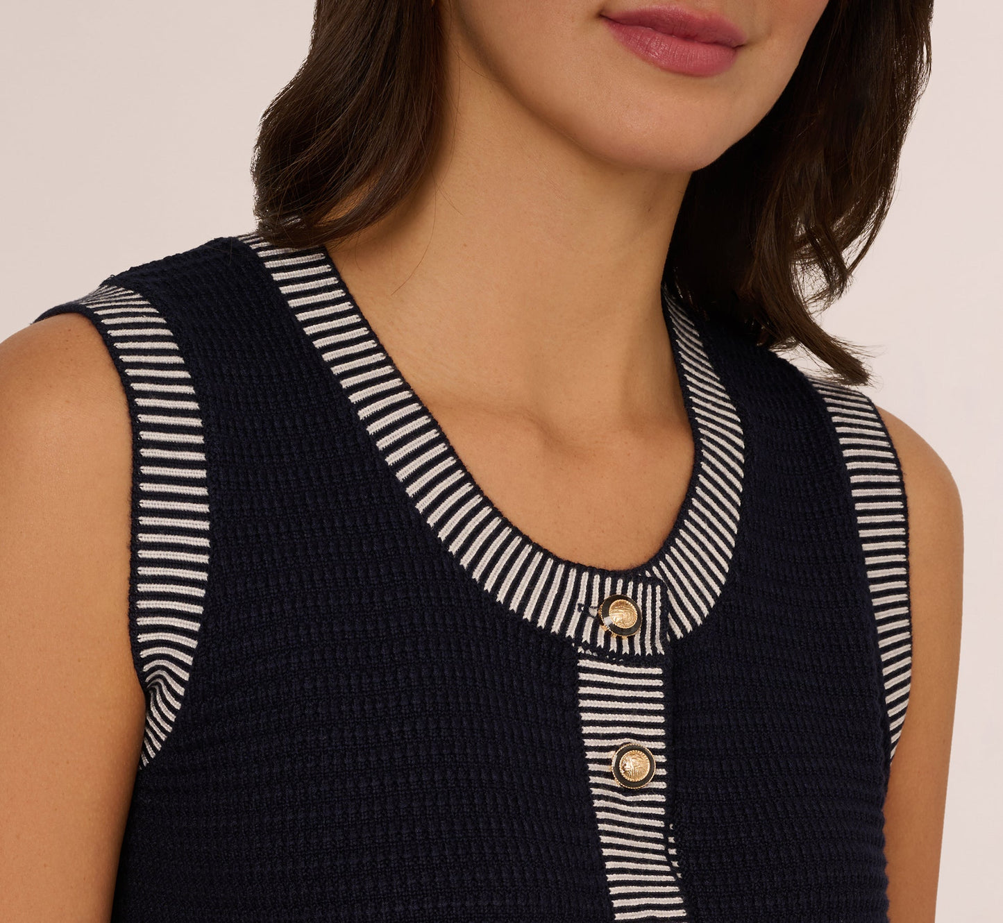 Striped Trim Cardigan Sweater Vest In Navy Ivory