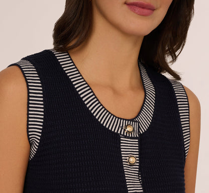 Striped Trim Cardigan Sweater Vest In Navy Ivory