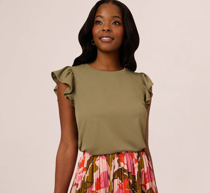 Flutter Sleeve Rib Knit Top In Army Green