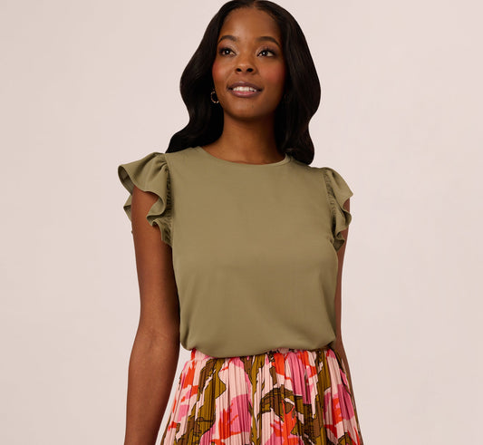 Flutter Sleeve Rib Knit Top In Army Green