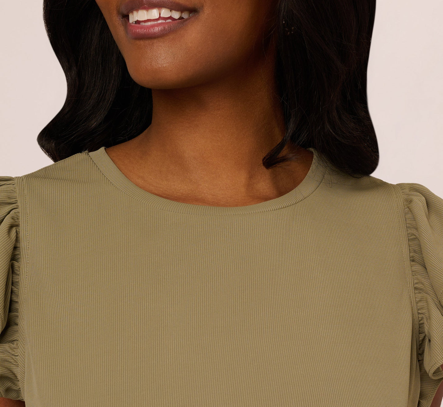 Flutter Sleeve Rib Knit Top In Army Green