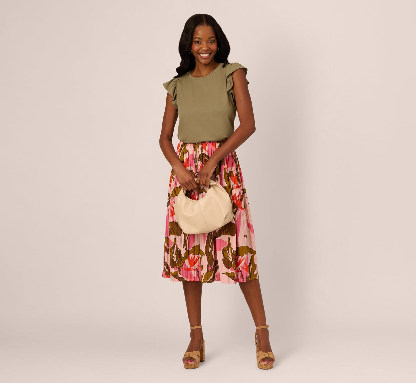 Flutter Sleeve Rib Knit Top In Army Green