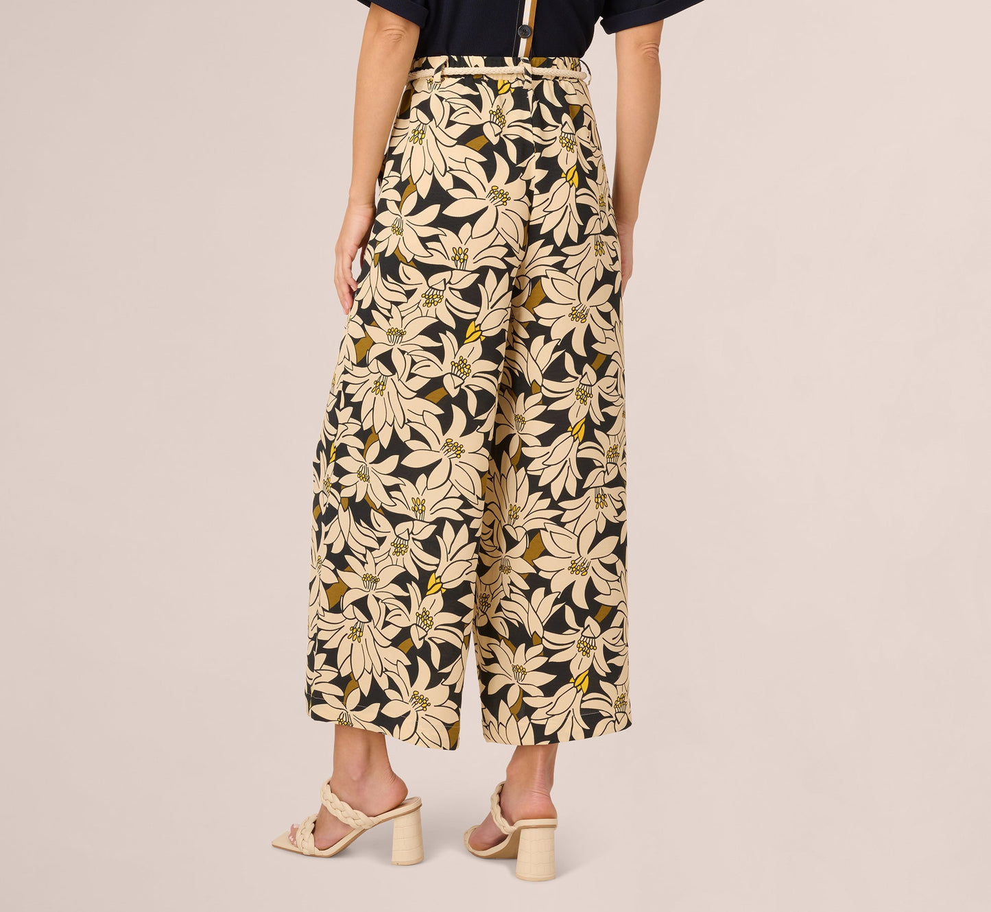 Rope Belt Floral Printed Wide Leg Pant In Black Olive Lily