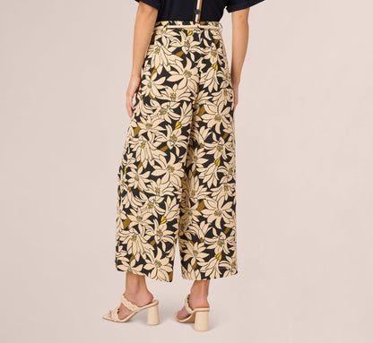 Rope Belt Floral Printed Wide Leg Pant In Black Olive Lily
