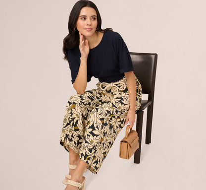 Rope Belt Floral Printed Wide Leg Pant In Black Olive Lily