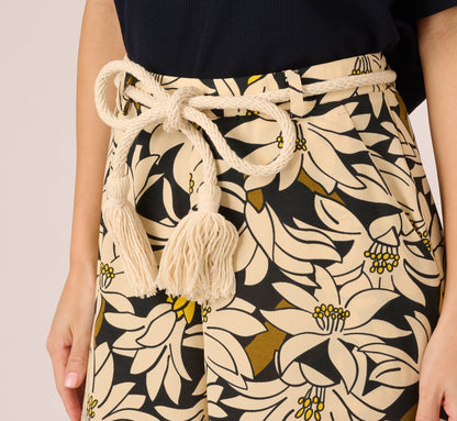 Rope Belt Floral Printed Wide Leg Pant In Black Olive Lily