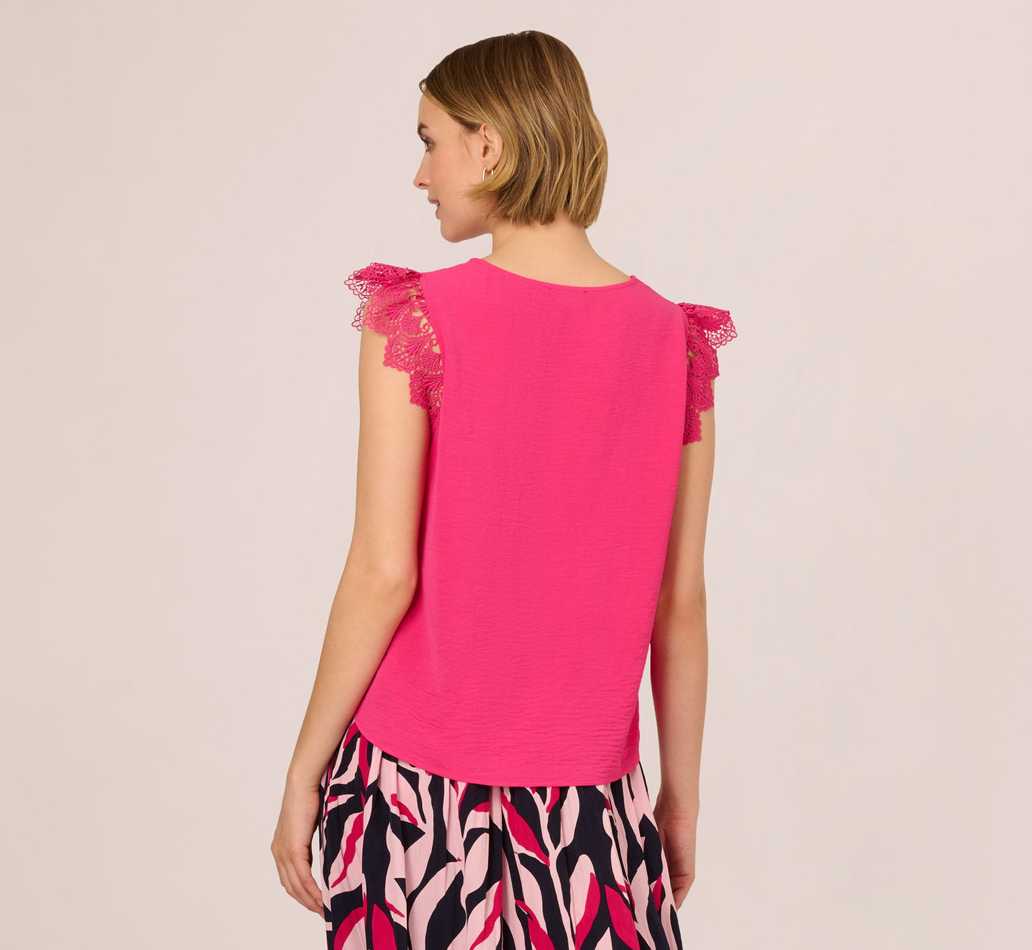 Sleeveless Lace Shoulder Pintucked Top In Hot Pink