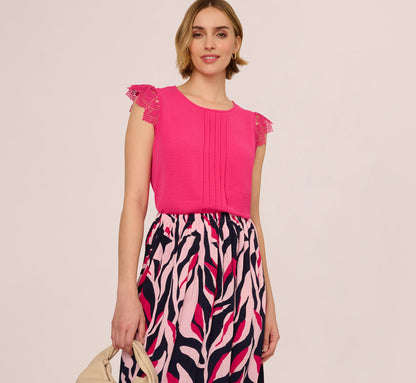 Sleeveless Lace Shoulder Pintucked Top In Hot Pink