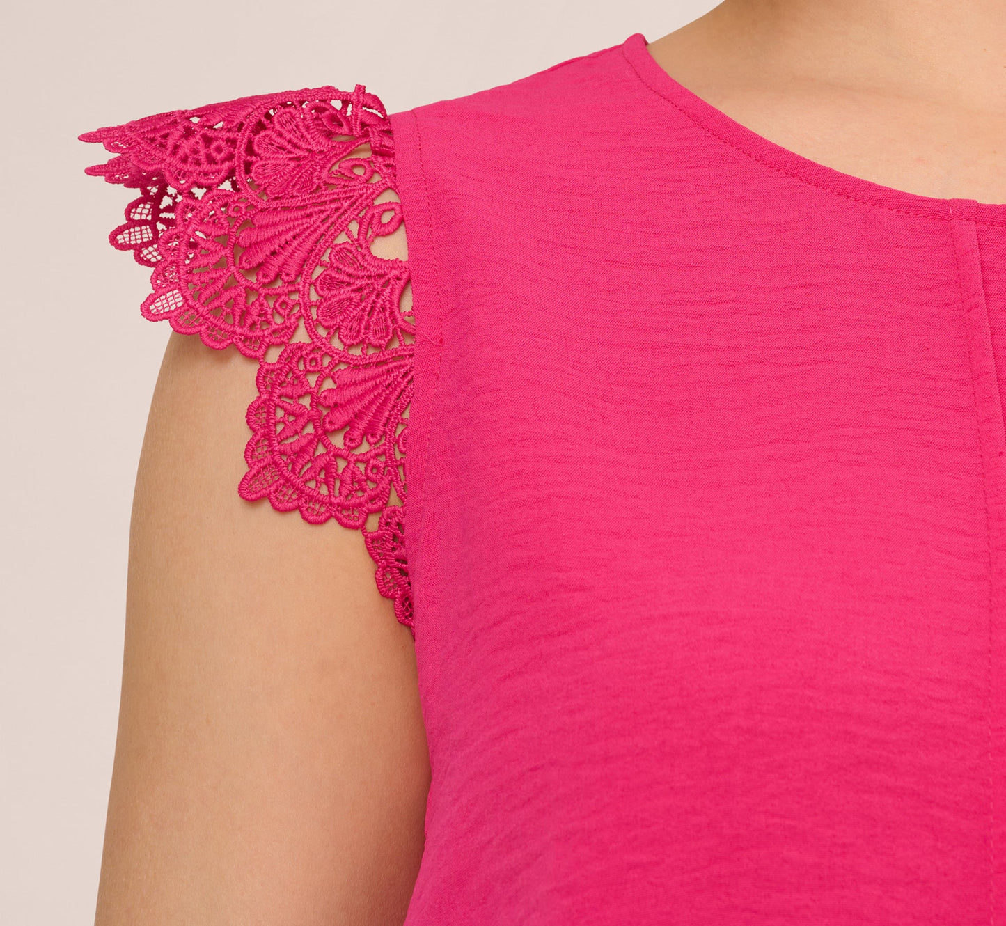Sleeveless Lace Shoulder Pintucked Top In Hot Pink