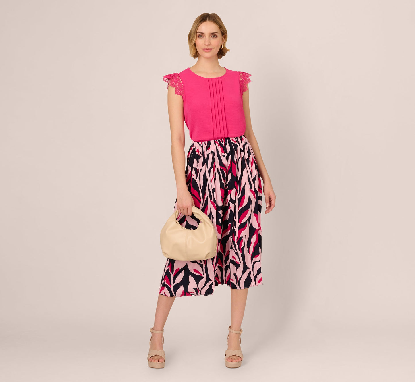 Sleeveless Lace Shoulder Pintucked Top In Hot Pink