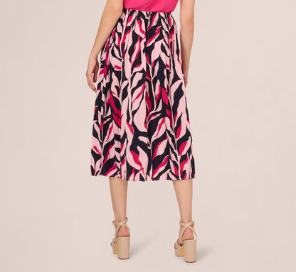 Leaf Print A Line Midi Skirt In Navy Leaf Vine