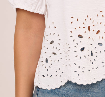 Short Sleeve Scalloped Eyelet Top In White