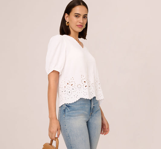 Short Sleeve Scalloped Eyelet Top In White