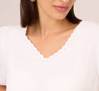 Short Sleeve Scalloped Eyelet Top In White