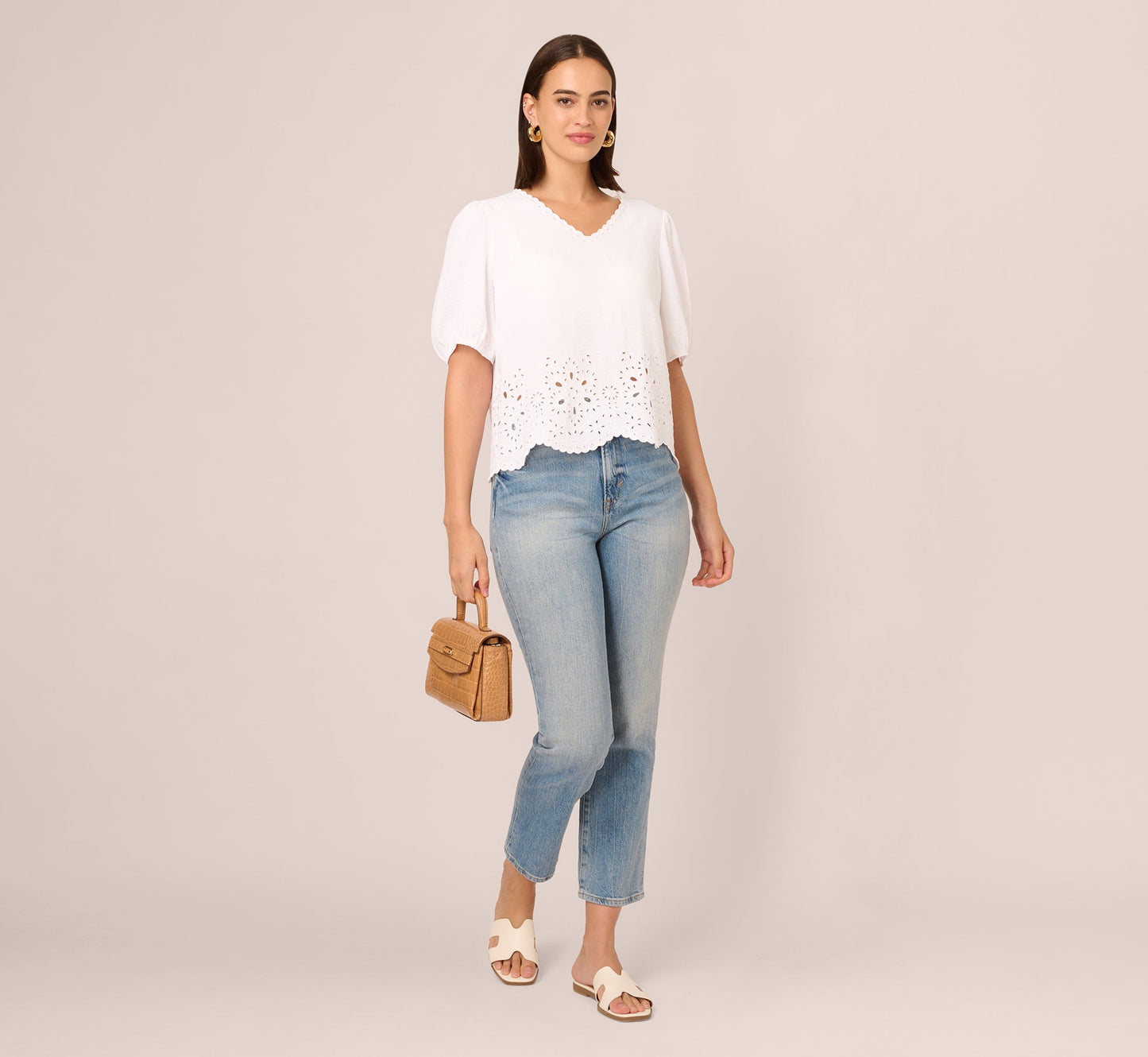 Short Sleeve Scalloped Eyelet Top In White