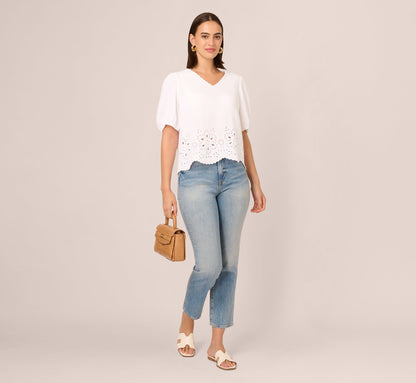 Short Sleeve Scalloped Eyelet Top In White