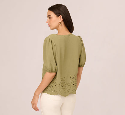 Short Sleeve Scalloped Eyelet Top In Oil Green