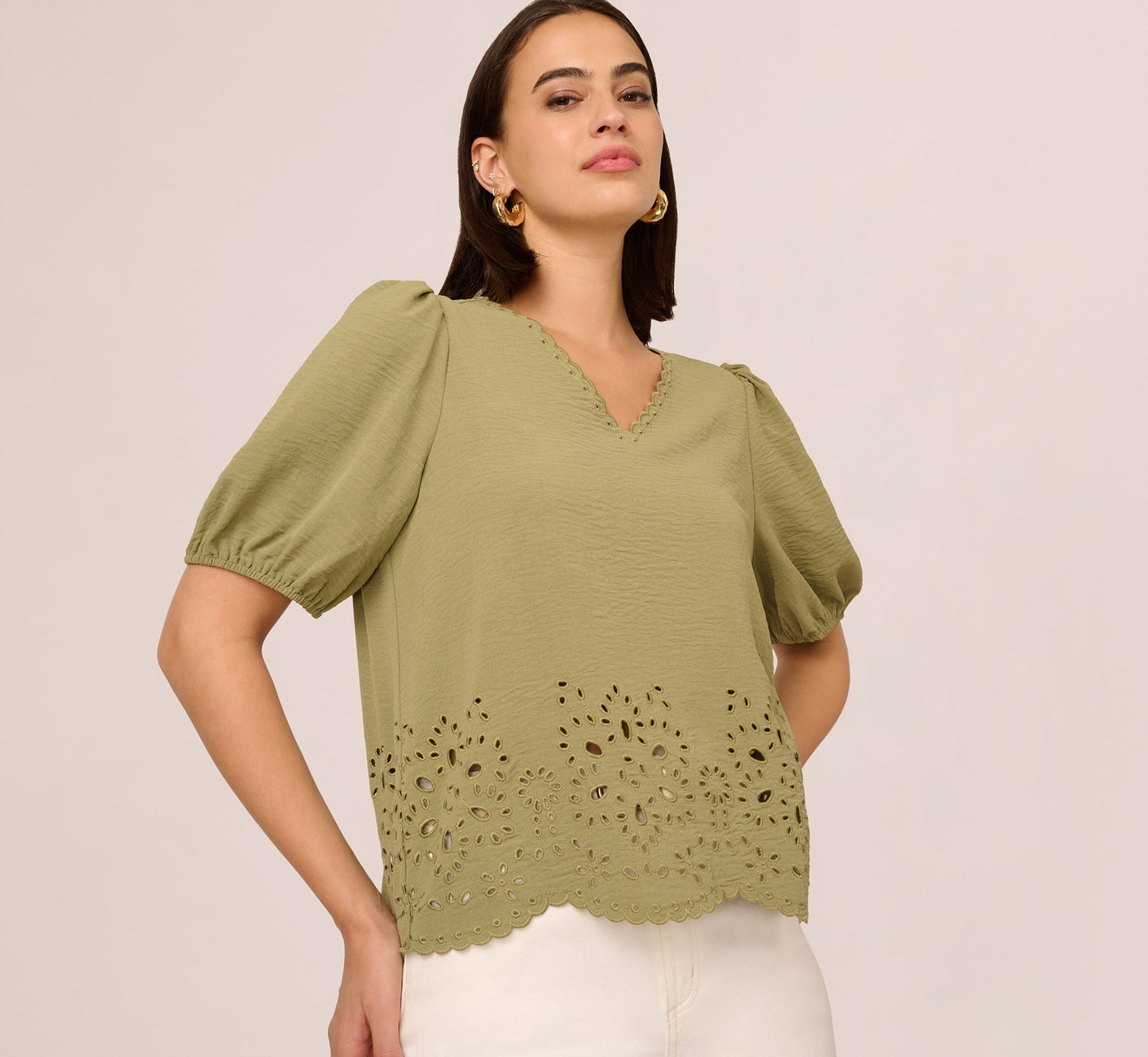 Short Sleeve Scalloped Eyelet Top In Oil Green