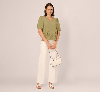 Short Sleeve Scalloped Eyelet Top In Oil Green
