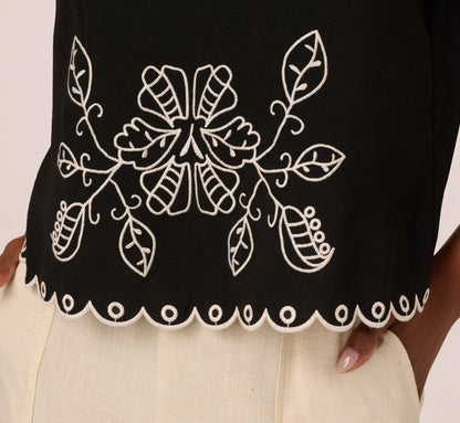 Sleeveless Cropped Floral Embroidered Top In Black Ivory