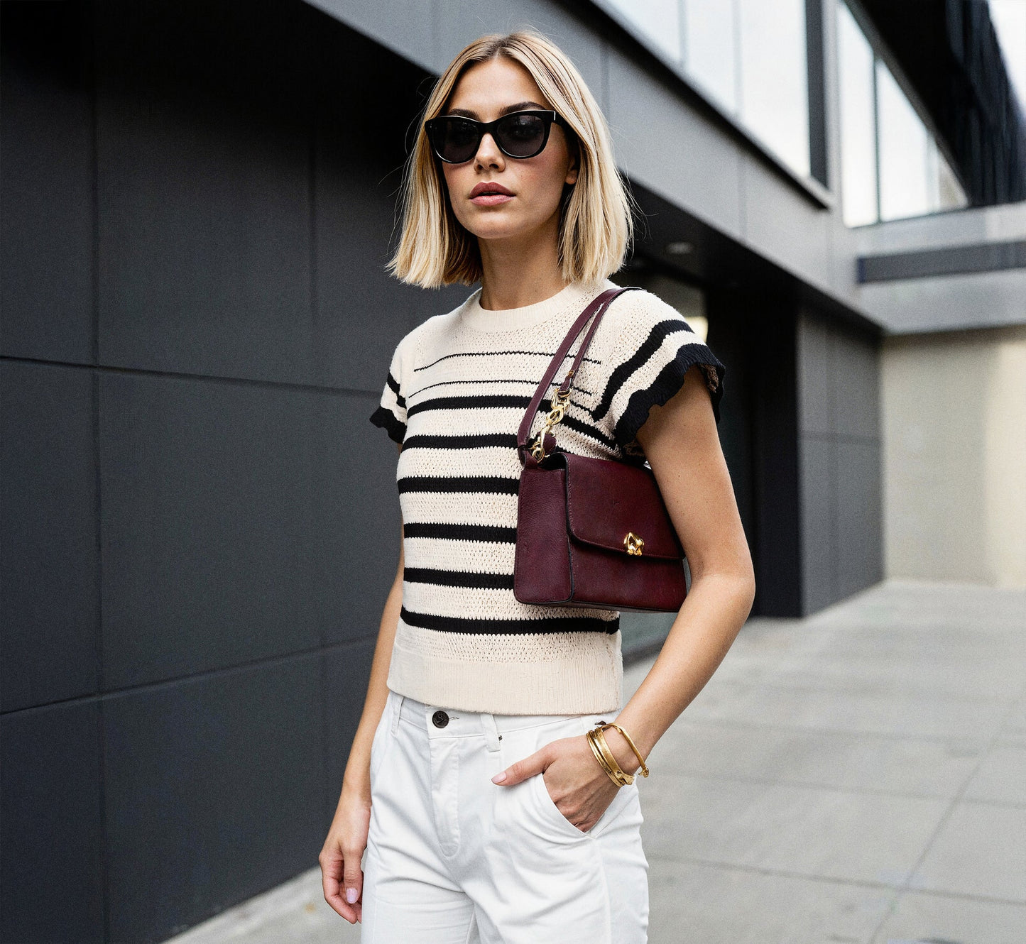 Flounce Sleeve Open Knit Sweater Top In Ivory Black