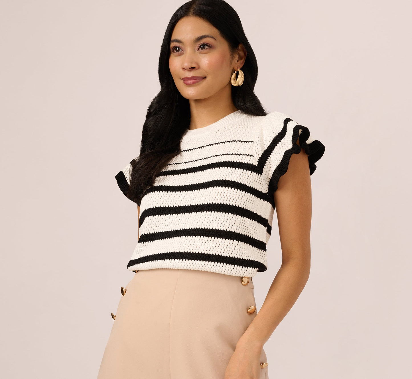 Flounce Sleeve Open Knit Sweater Top In Ivory Black