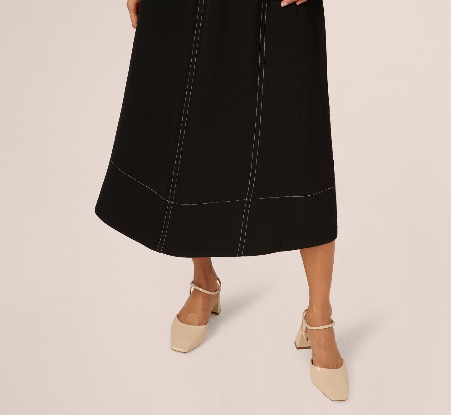 Contrast Stitching A Line Midi Skirt In Black Ivory