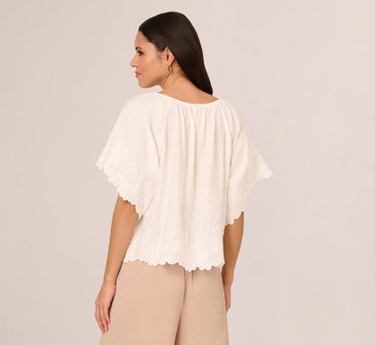 Short Sleeve Semisheer Scalloped Embroidery Top In Ivory