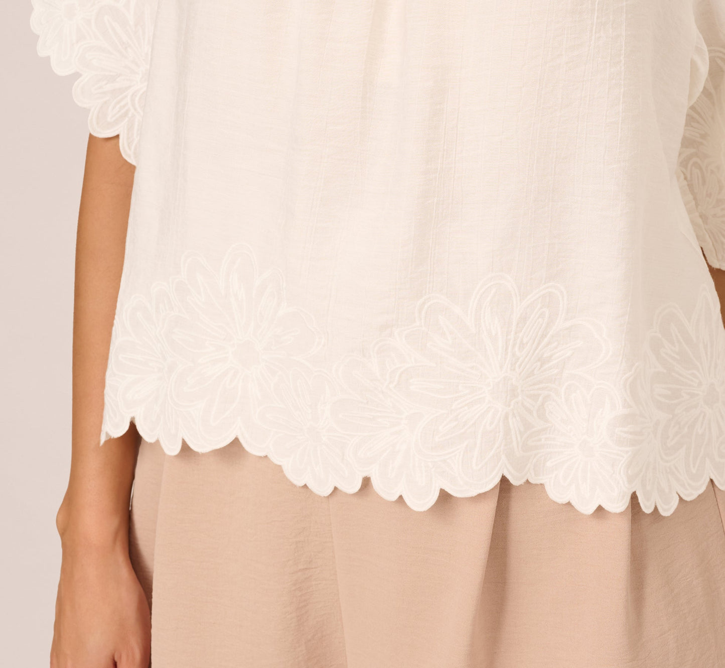 Short Sleeve Semisheer Scalloped Embroidery Top In Ivory