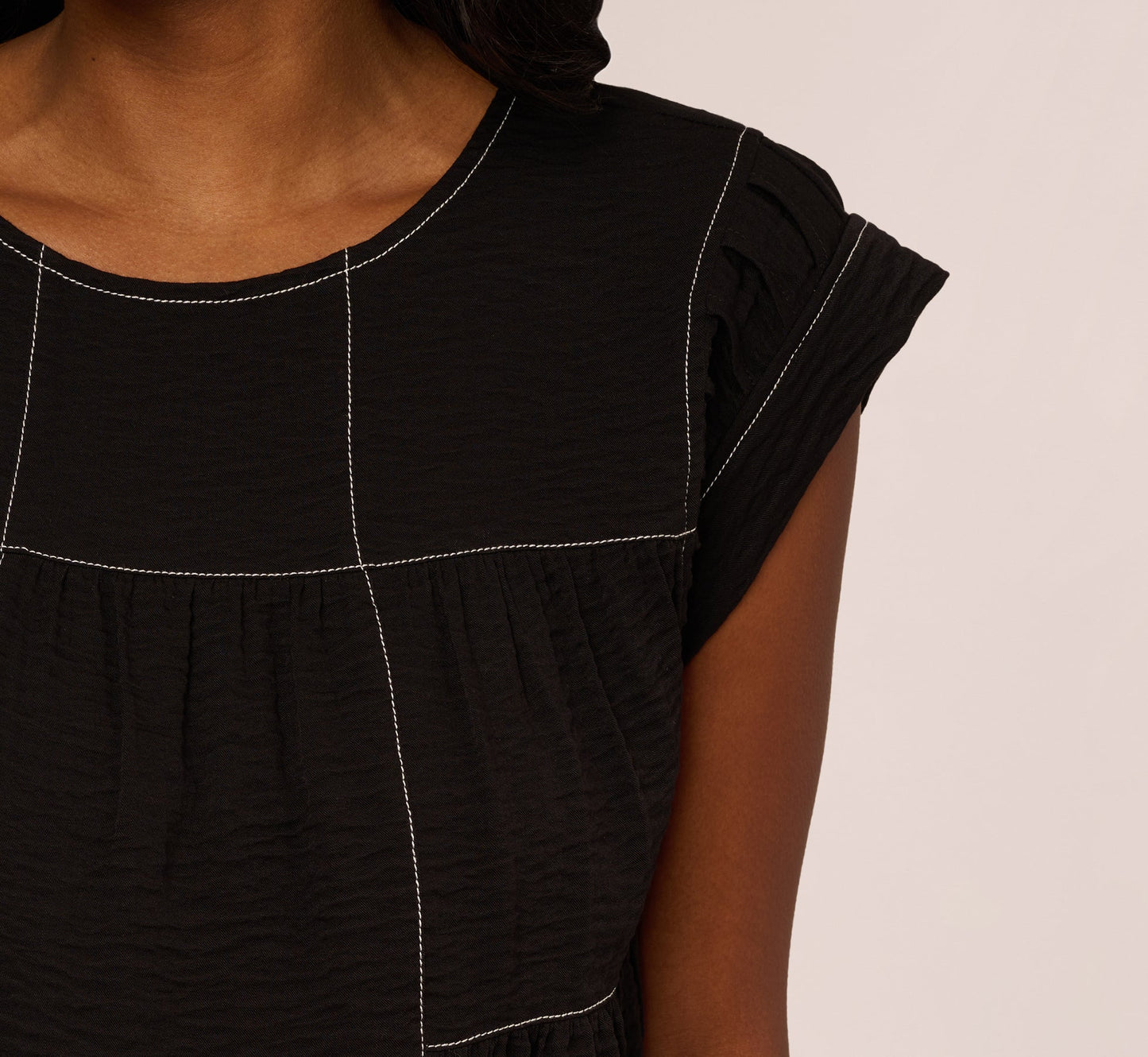 Extended Shoulder Contrast Stitch Yoke Top In Black Ivory