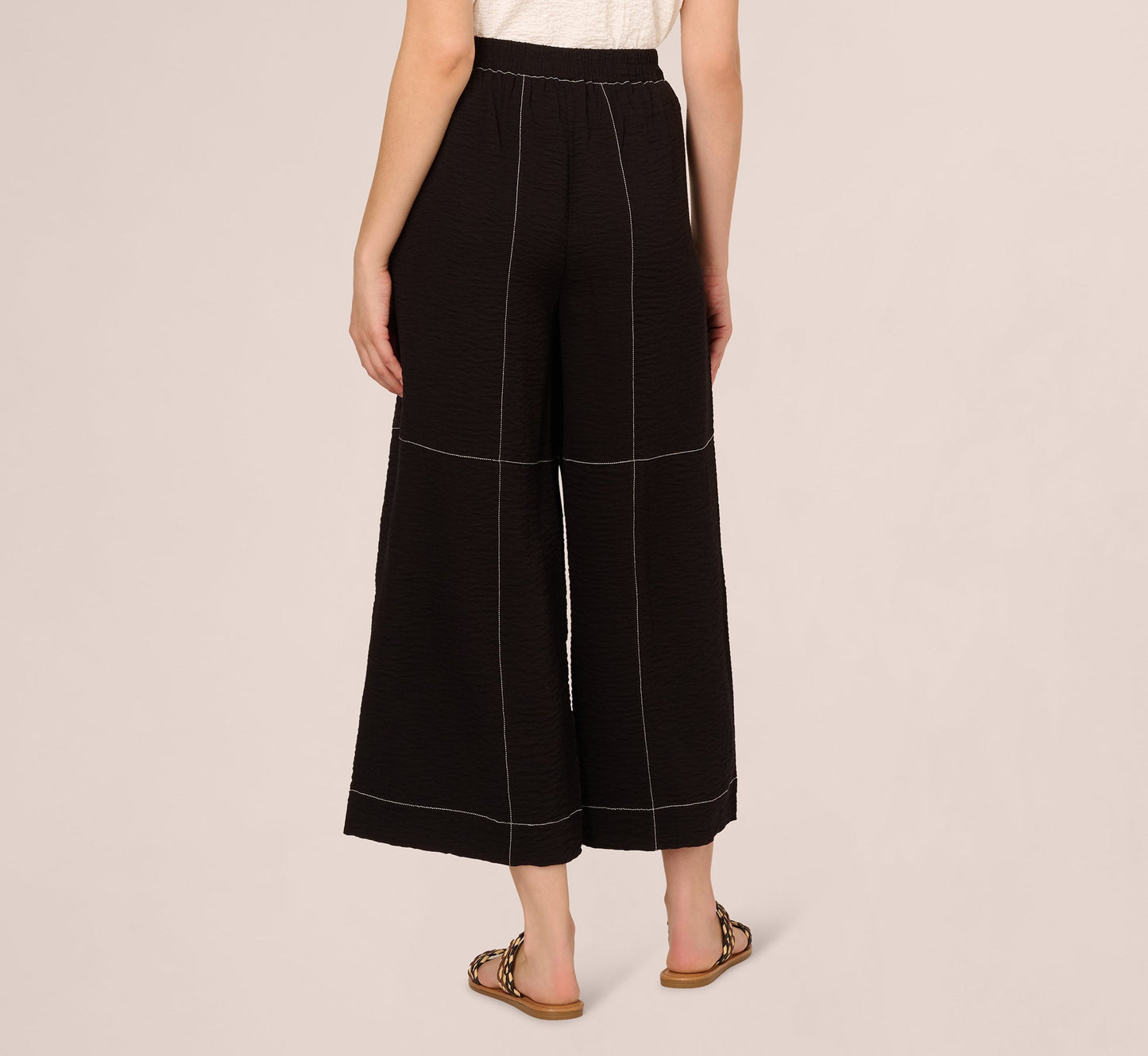 Contrast Stitching Crinkle Midi Pant In Black Ivory