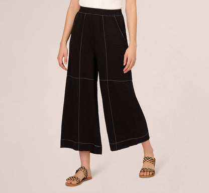 Contrast Stitching Crinkle Midi Pant In Black Ivory