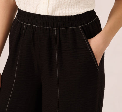 Contrast Stitching Crinkle Midi Pant In Black Ivory