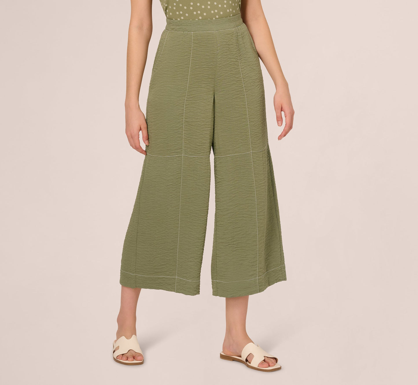 Contrast Stitching Crinkle Midi Pant In Oil Green Ivory