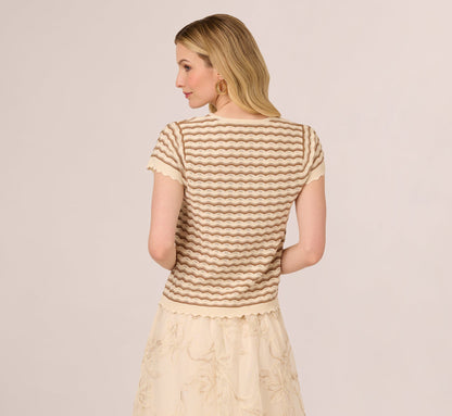 Cap Sleeve Wavy Pointelle Knit Top In Neutral Combo