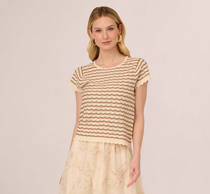 Cap Sleeve Wavy Pointelle Knit Top In Neutral Combo