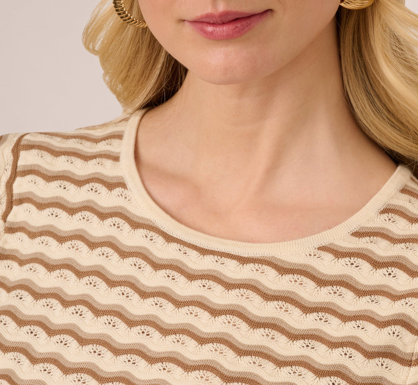 Cap Sleeve Wavy Pointelle Knit Top In Neutral Combo