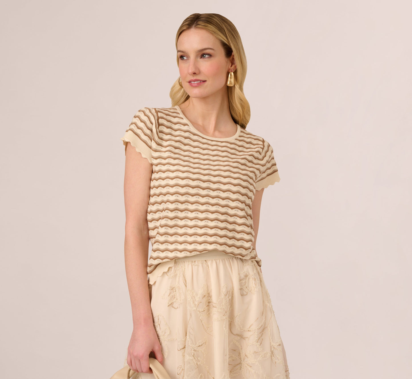 Cap Sleeve Wavy Pointelle Knit Top In Neutral Combo