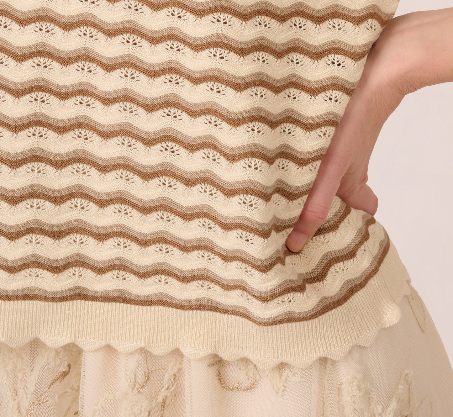 Cap Sleeve Wavy Pointelle Knit Top In Neutral Combo