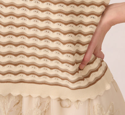 Cap Sleeve Wavy Pointelle Knit Top In Neutral Combo