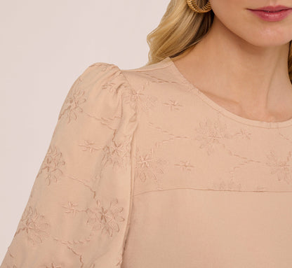 Bubble Sleeve Embroidered Top In Champagne Blush