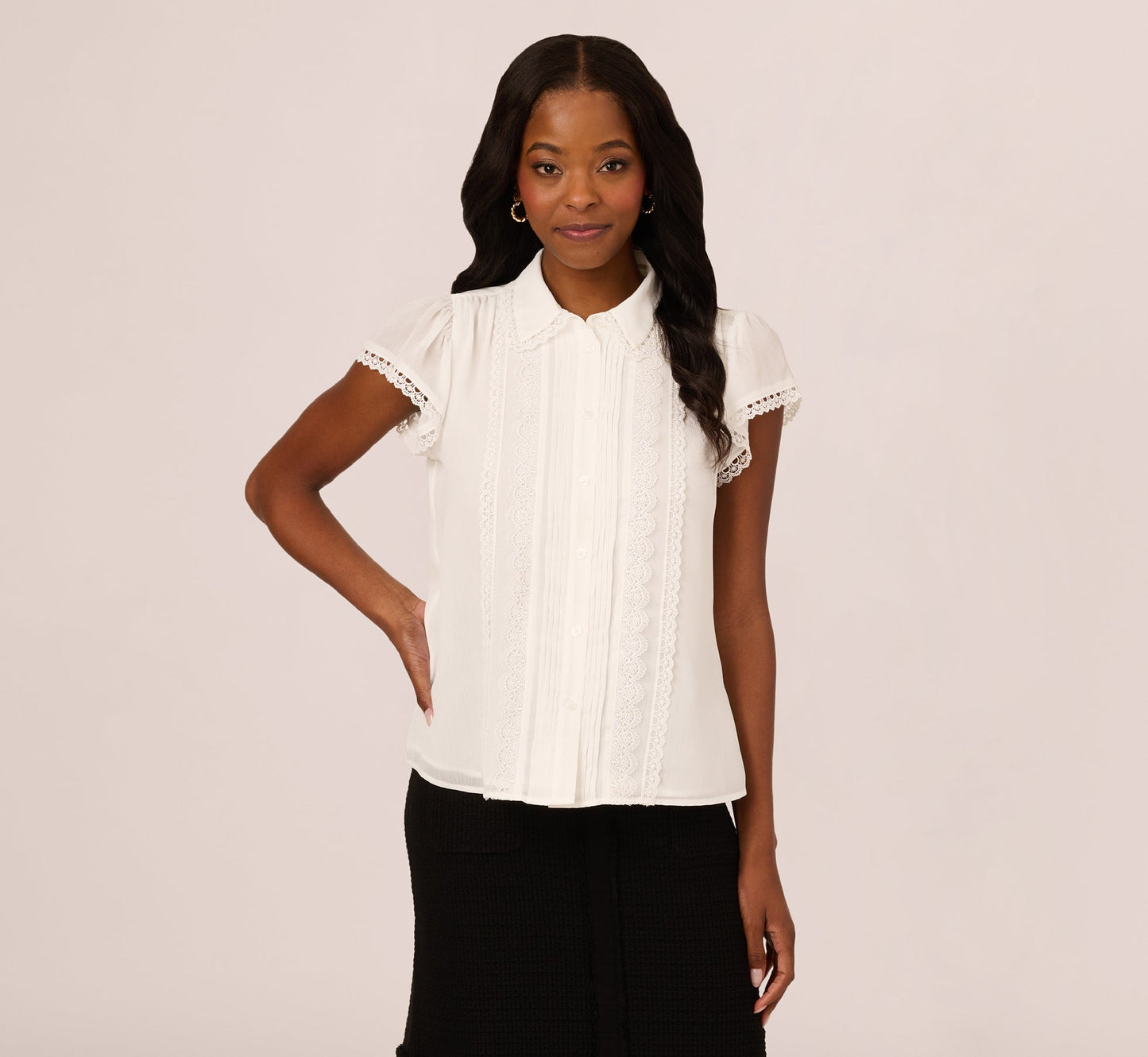 Cap Sleeve Lace Collared Blouse In Ivory