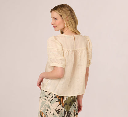 Puff Sleeve Lace Yoke Top In Barely Beige