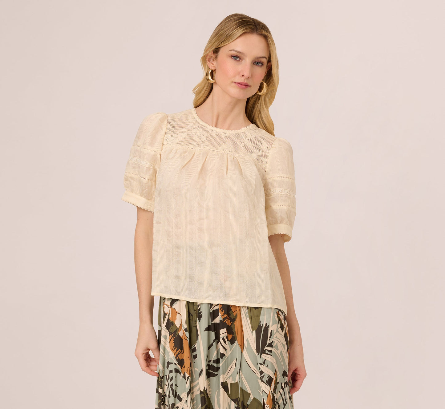 Puff Sleeve Lace Yoke Top In Barely Beige