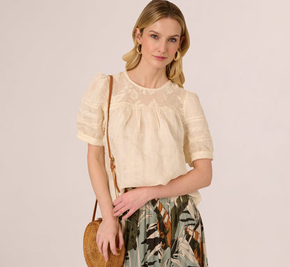 Puff Sleeve Lace Yoke Top In Barely Beige