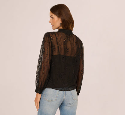 Long Sleeve Sheer Floral Eyelet Lace Blouse In Black