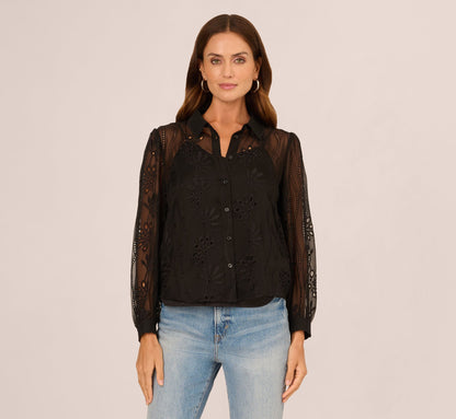 Long Sleeve Sheer Floral Eyelet Lace Blouse In Black
