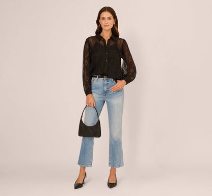 Long Sleeve Sheer Floral Eyelet Lace Blouse In Black